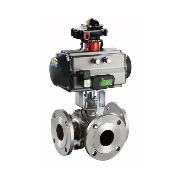 Pneumatic three-way flanged ball valve