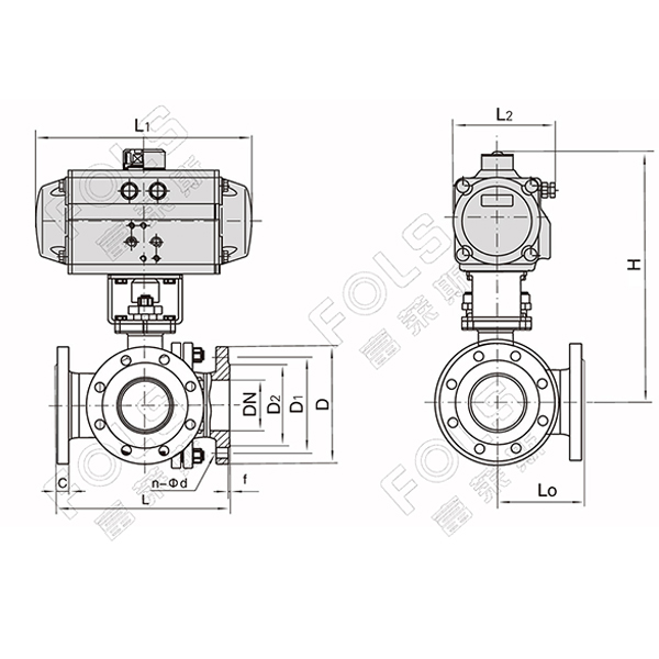 Pneumatic three-way flanged ball valve